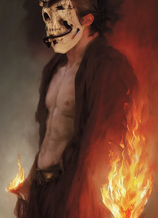 Image similar to character concept portrait of an attractive young focused Spanish wizard with pale red skin and a parital skull mask enchanting a flaming seduction spell, a floating burning spell book in the center, intricate, elegant, digital painting, concept art, smooth, sharp focus, illustration, from Metal Gear, by Ruan Jia and Mandy Jurgens and William-Adolphe Bouguereau, Artgerm