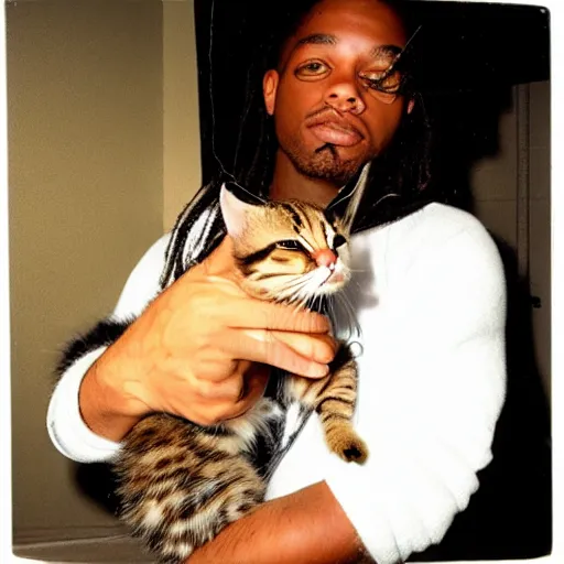 Prompt: 15mm wide-angle lens of a 1990 New York rapper holding a kitten up to the camera