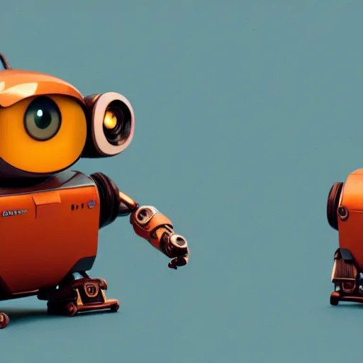 Image similar to two small chubby bots, colourful, smooth panelling,, intricate detail, pushing a battery, style of cute pokemon, with damaged rusty arms, broken antenna, recycled, floating, white studio, oil, mechanical, cute toy, wall - e, ambient light, in the style of pixar animation, pokedstudios, hyperdetailed, blender, octane render, 8 k,