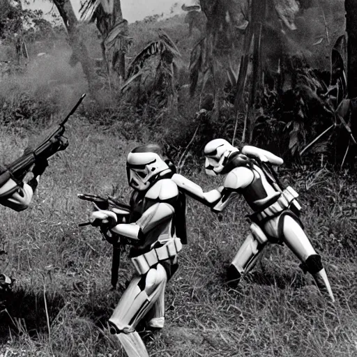 Image similar to star wars clone troopers combat soldiers in vietnam, photo, old picture, lush landscape, jungle, firearms, explosions, helicopters, aerial combat, active battle zone, flamethrower, air support, jedi, land mines, gunfire, violent, star destroyers, star wars lasers, sci - fi, jetpacks, agent orange, bomber planes, smoke, trench warfare