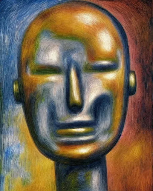 Image similar to portrait of a steel robot with metal face, in the style of Pierre-Auguste Renoir