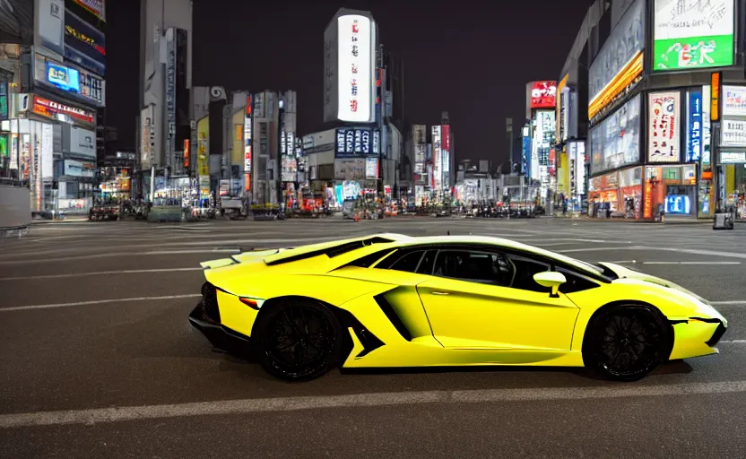 Image similar to wideshot of a Lamborghini Aventador in tokyo at night, highly detailed, 4k photo, shot with sony alpha