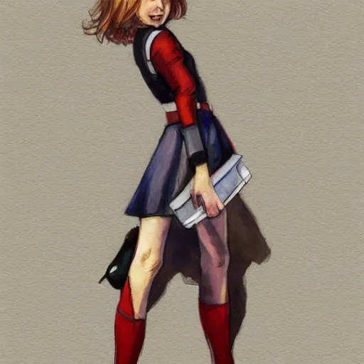 Image similar to a perfect, realistic professional digital sketch of a Russian schoolgirl posing, in style of Marvel, full length, by pen and watercolor, by a professional American senior artist on ArtStation, a high-quality hollywood-style sketch, on high-quality paper