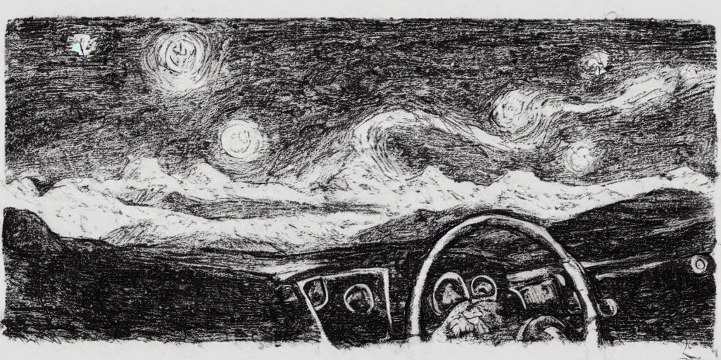 Image similar to portrait of a duny Bruggy driving on an alien planet, clouds visible, stars in the sky, mountains, etching, in the style of Goya