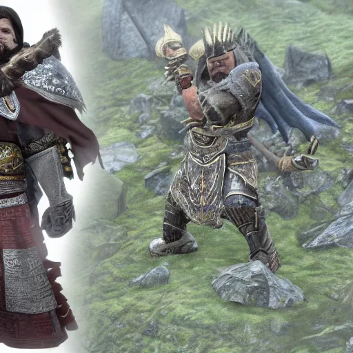 Prompt: Ulfric Stormcloak versus High King Torygg in an Epic Fight, Halls of Solitude, Skyrim, Highly Detailed