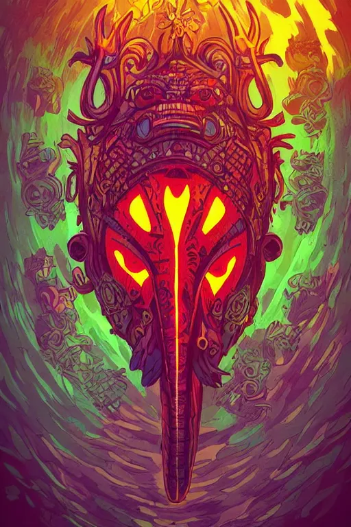 Image similar to totem animal tribal chaman vodoo mask feather gemstone plant wood rock video game illustration vivid color borderlands by josan gonzales and dan mumford radiating a glowing aura