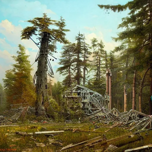 Prompt: a ivan shishkin and simon stalenhag painting of a ruined building and enormous robot