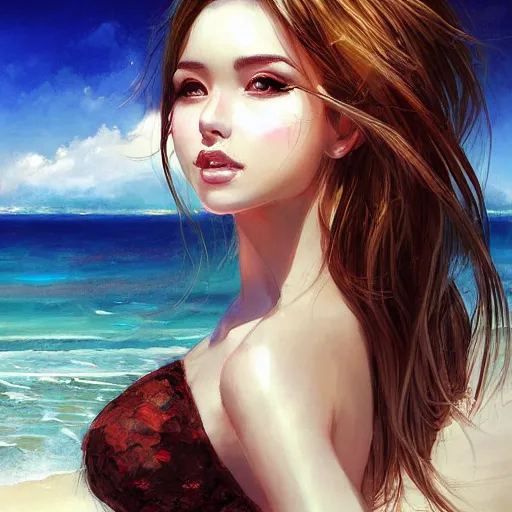 Prompt: portrait of beautiful woman on the beach by wlop, rossdraws, artgerm.