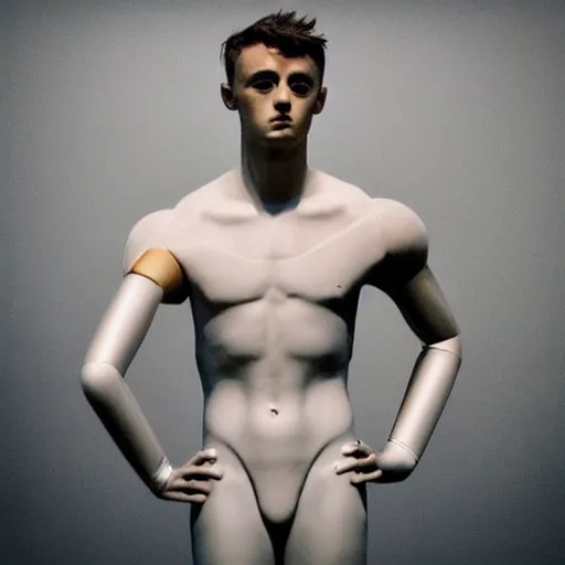 Image similar to “a realistic detailed photo of a guy who is an attractive humanoid who is half robot and half humanoid, who is a male android, British diver Tom Daley, shiny skin, posing like a statue, blank stare, at the museum, on display”