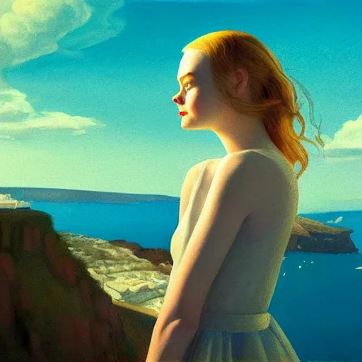 Image similar to Elle Fanning in Santorini at night, head and shoulders portrait, stormy weather, extremely detailed masterpiece, Roger Deakin’s cinematography, illustration, by Edward Hopper,
