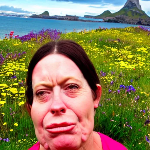 Image similar to a photograph of the most ugliest woman that has ever existed, surrounded by an auwfull natural sightseeing accompanied by the worst wild flowers.