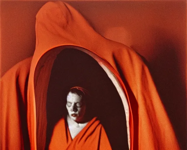 Image similar to by francis bacon, vivian maier, mystical redscale photography evocative. religious relics, priestess in red capirote