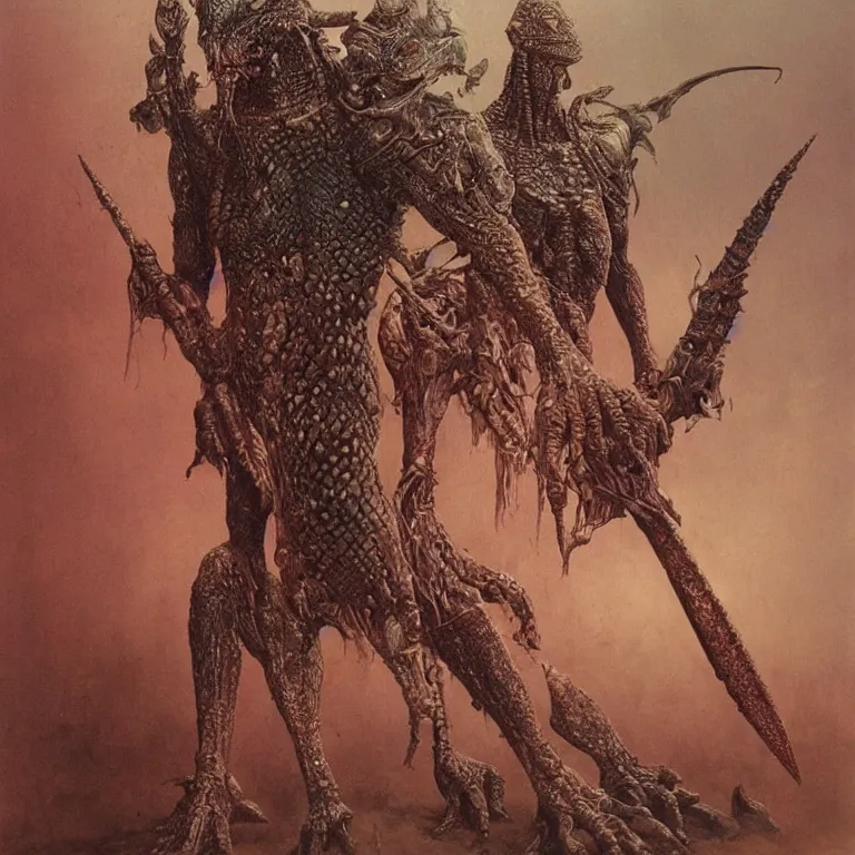 Image similar to lizardman warrior concept, tribal, beksinski an moebius
