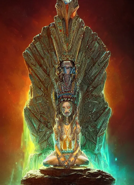 Image similar to hyper realistic photography of intricate symmetric strange aztec alien goddess sitting on opal throne in a crystal cave detailed, greg rutkowski, artstation, cgsociety