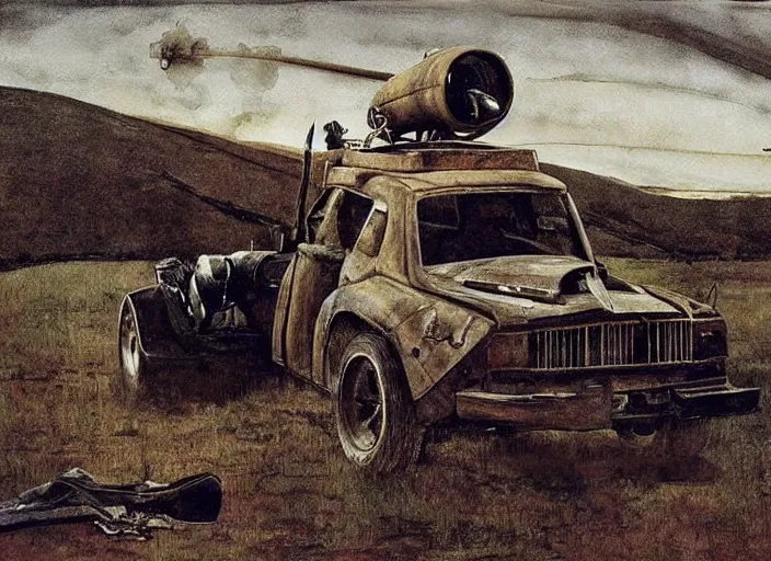 Prompt: mad max fury style pipe organ, painting by andrew wyeth, very detailed, somber mood,