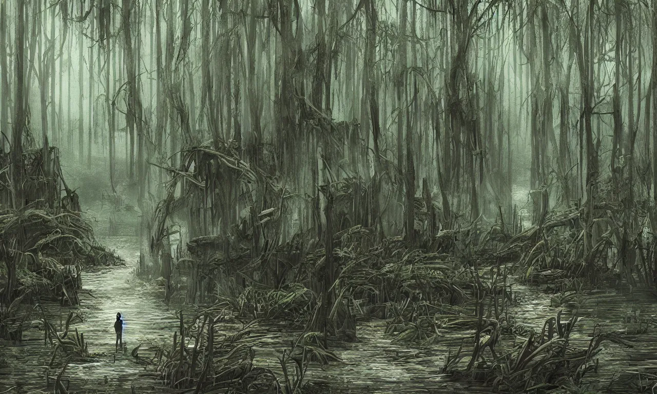 Image similar to palisade standing in a swamp, digital art, illustration, fantasy