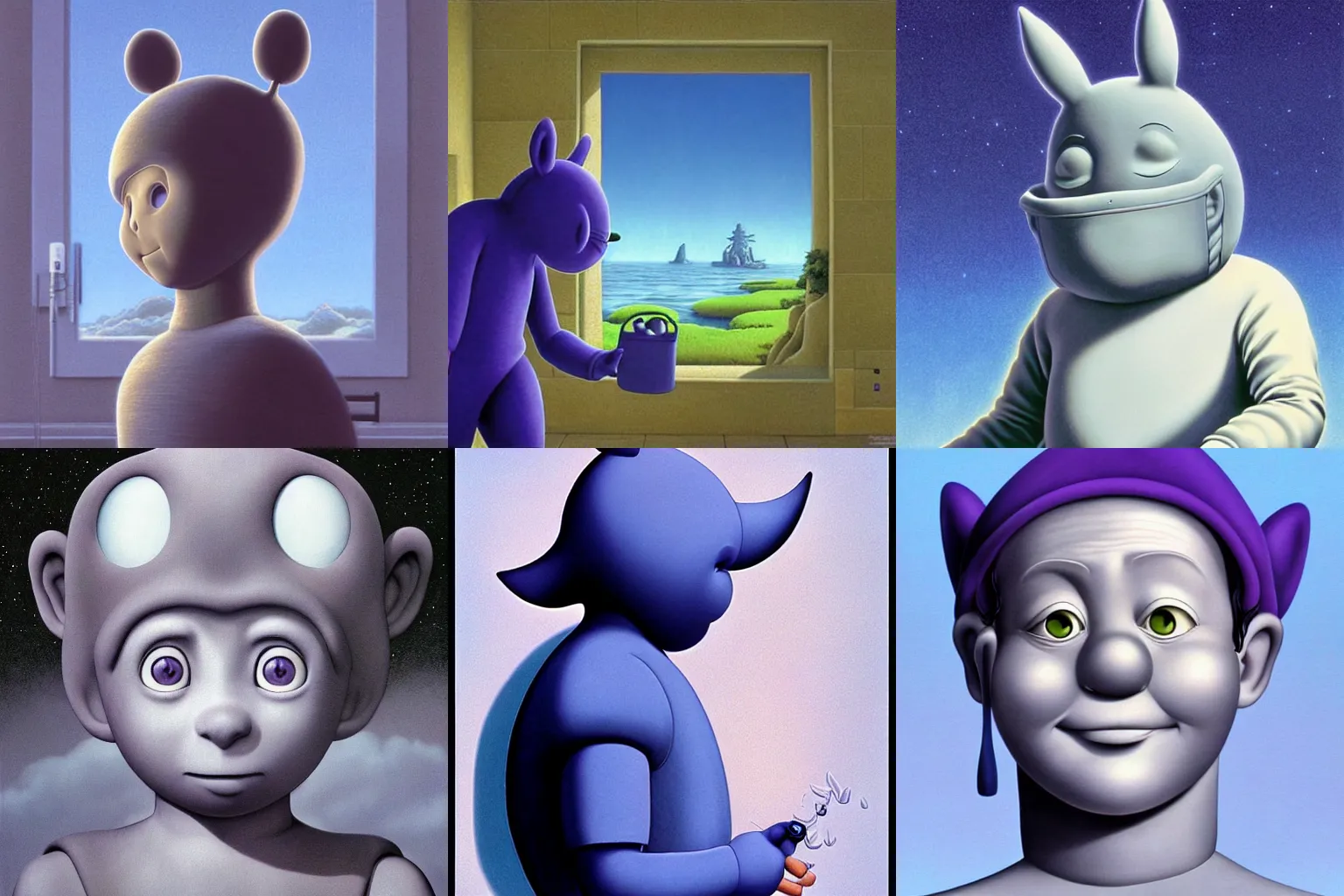 Prompt: stunning head and shoulders portrait of hyperrealistic tinky winky, harsh realism, digital art by rob gonsalves, still from studio ghibli