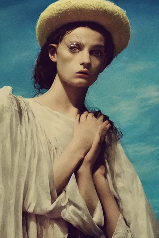 Image similar to hyperrealism close - up fashion portrait by roversi photo from the holy mountain by alejandro jodorowsky in style of francisco goya