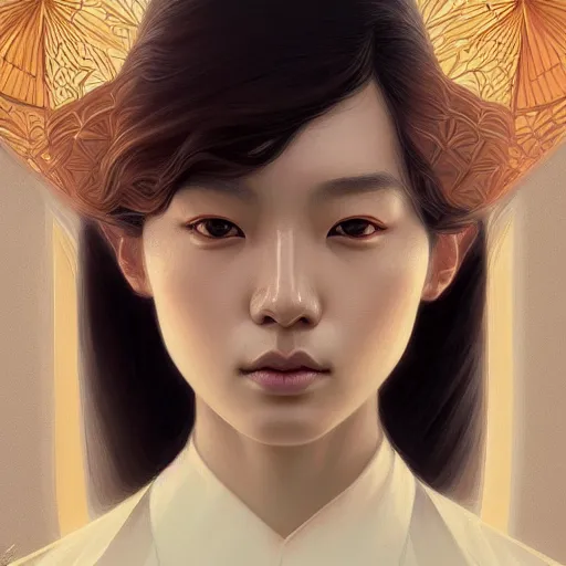 Image similar to symmetry portrait of kendrick kang - joh jeong, intricate, elegant, highly detailed, digital painting, artstation, concept art, smooth, sharp focus, illustration, art by artgerm and greg rutkowski and alphonse mucha