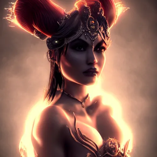 Prompt: majestic and regal portrait of a beautiful demon goddess!!, epic, 8 k, extreme details, sharp focus, elegant, volumetric lighting, volumetric fog