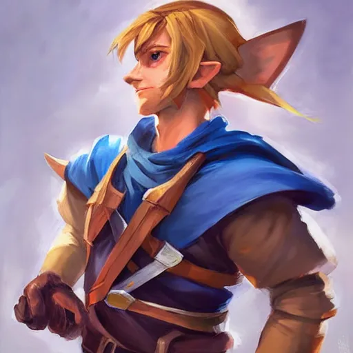 Image similar to greg manchess portrait painting of link from legend of zelda as overwatch character, medium shot, asymmetrical, profile picture, organic painting, sunny day, matte painting, bold shapes, hard edges, street art, trending on artstation, by huang guangjian and gil elvgren and sachin teng