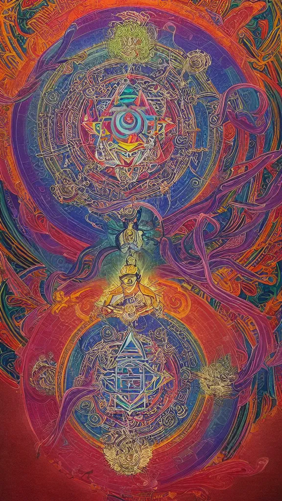 Prompt: yantra, tibetan thangka, giant mandala made up of intricate neon line work, cyberpunk angel and demon heavenly battle, flowing pieces of cloth tapestry, peter mohrbacher, Alma Thomas, 8K Resolution, High Details, secondary colours, ornate, mandala, retro-futurism artstation, perfect symmetry,