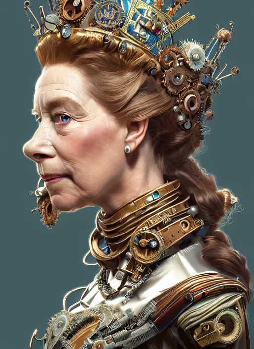 Prompt: portrait of a queen elisabeth ii, robot steampunk, floral! horizon zero dawn machine, intricate, elegant, highly detailed, ray tracing, digital painting, artstation, concept art, smooth, sharp focus, illustration, art by artgerm and greg rutkowski and alphonse mucha, 8 k