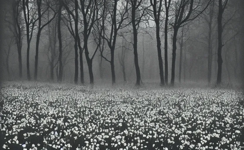 Image similar to black box on the field flowers, by Andrei Tarkovsky, mist, forest, lomography photo effect, monochrome, 35 mm