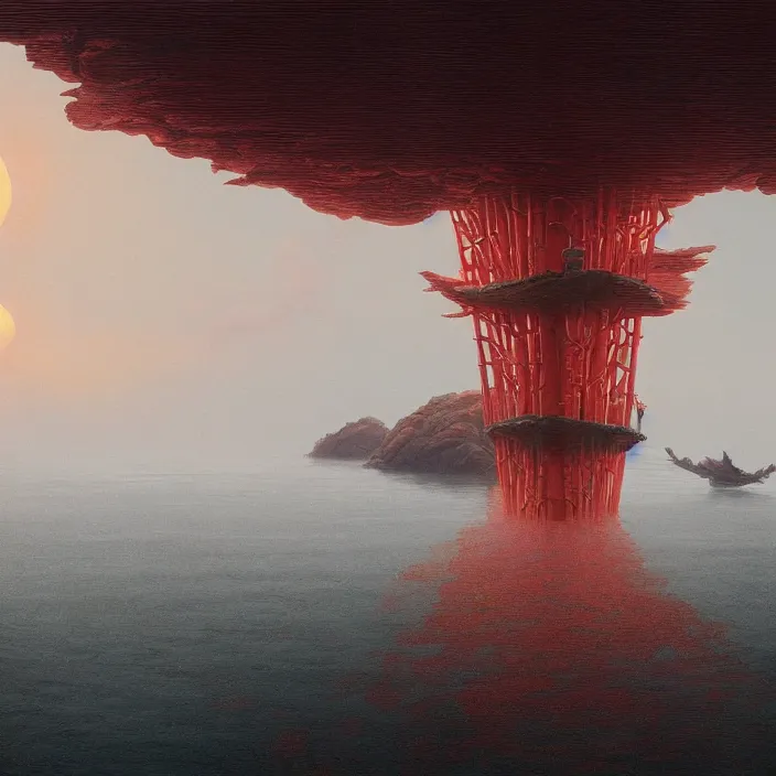 Image similar to a beautiful painting of a torii at sea by simon stalenhag and zdzisław beksinski and rene magritte and greg rutkowski, in style of digital art. hyper detailed, sharp focus, soft light. octane render. ray tracing. trending on artstation