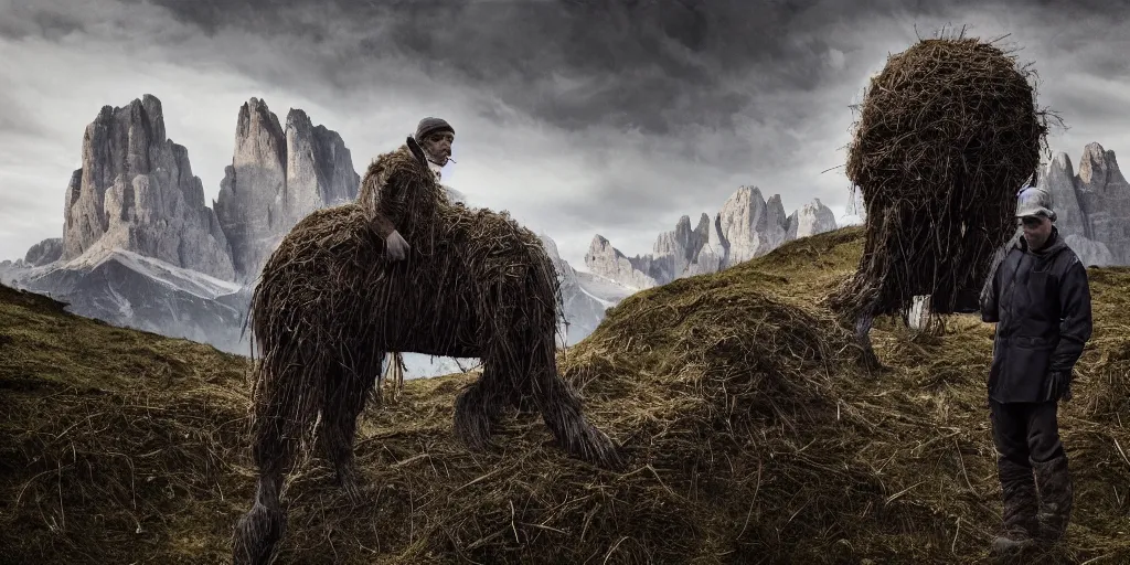 Image similar to alpine farmer transforming into a monster ,roots and hay coat, dolomites in background, dark, eerie, despair, portrait photography, artstation, highly detailed, sharp focus, by cronneberg