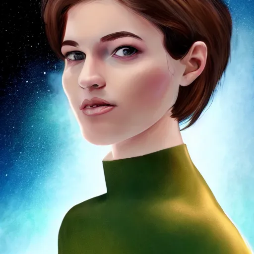 Image similar to a portrait photo of a young woman with short brown hair, a dress, and green eyes, floating in space, trending on artstation