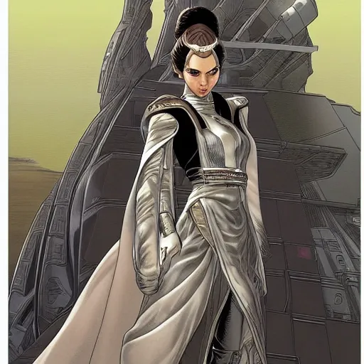 Prompt: Padme Amidala looking into the distance, by Yusuke Murata, highly detailed, establishing shot