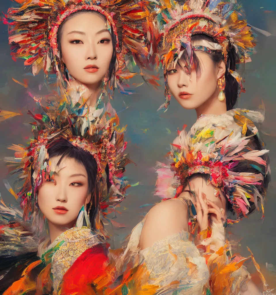 Image similar to beautiful japanese oil panting of a lady in headdress, colorful brush strokes, rendered by octane, depth of field, ultra detailed, rococo, zen concept, powerful composition, trending on artstation, 8k