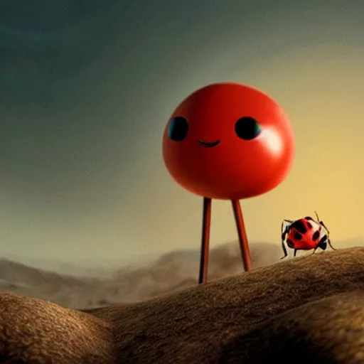 Image similar to promotional still wide angle, a mountain - sized ladybug roams a barren wasteland, dramatic lighting, ( e. t. the extra - terrestrial ), batteries not included, harry potter, octane 3 d render, imax, 7 0 mm.