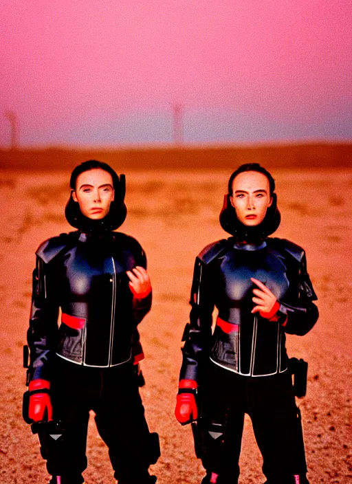 Image similar to photographic portrait shot on cinestill 5 0 d of two loving clones, techwear women on a desolate plain with a red sky, a brutalist dark metal facility in the background, dust storm, 3 5 mm, 8 k, depth of field, high resolution, ultra realistic faces