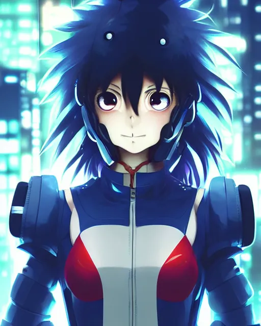 Image similar to portrait of anime girl in mechanic armor in night tokyo by makoto sinkai, my hero academia,cyberpunk, greg rutkowski, perfect face, fine details