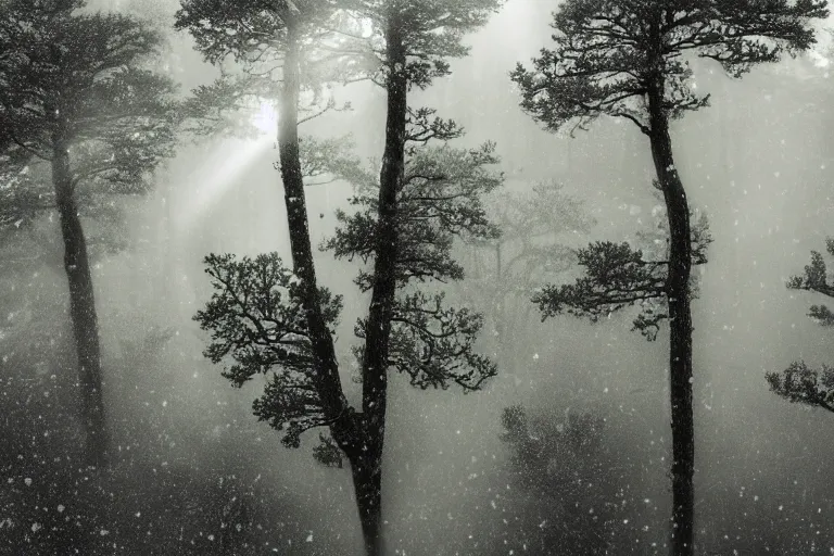 Image similar to portrait of juniper trees in a forest during a blizzard. shadow and light. rays of light. energetic, dynamic, lively, detailed, intricate, complex. fine art by hayao miyazaki, akira toriyama, makoto shinkai, and ohara koson. studio lighting. tilt and shift lens. bokeh.