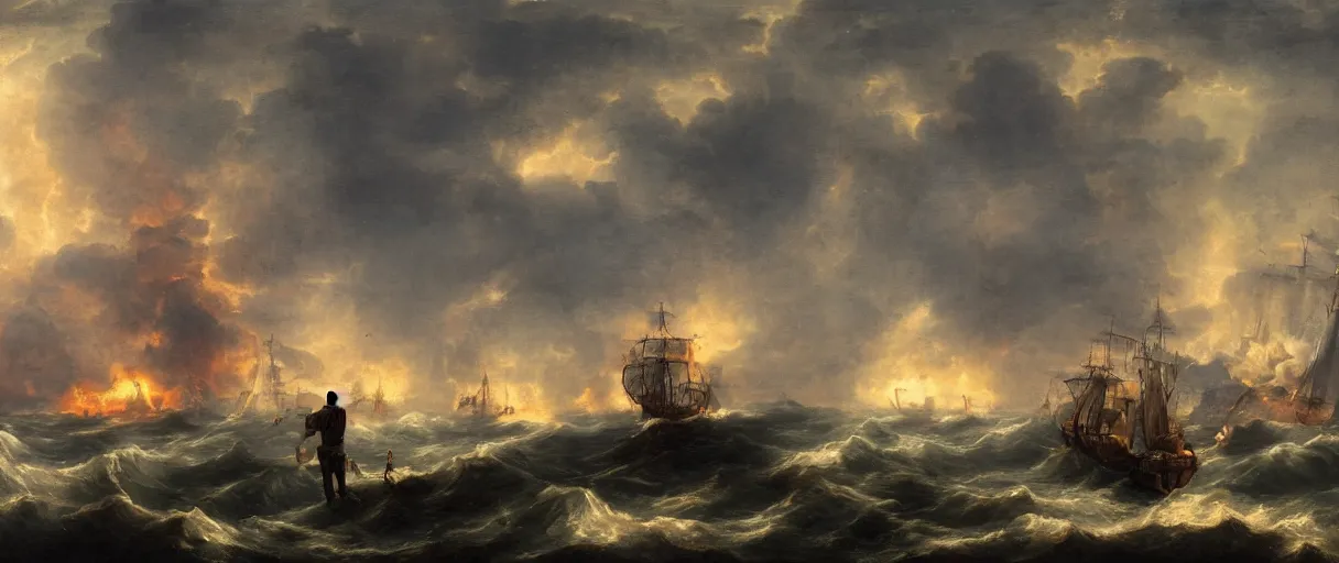 Image similar to a pirate standing on his ship, watching big explosions on the wild sea, dramatic atmosphere