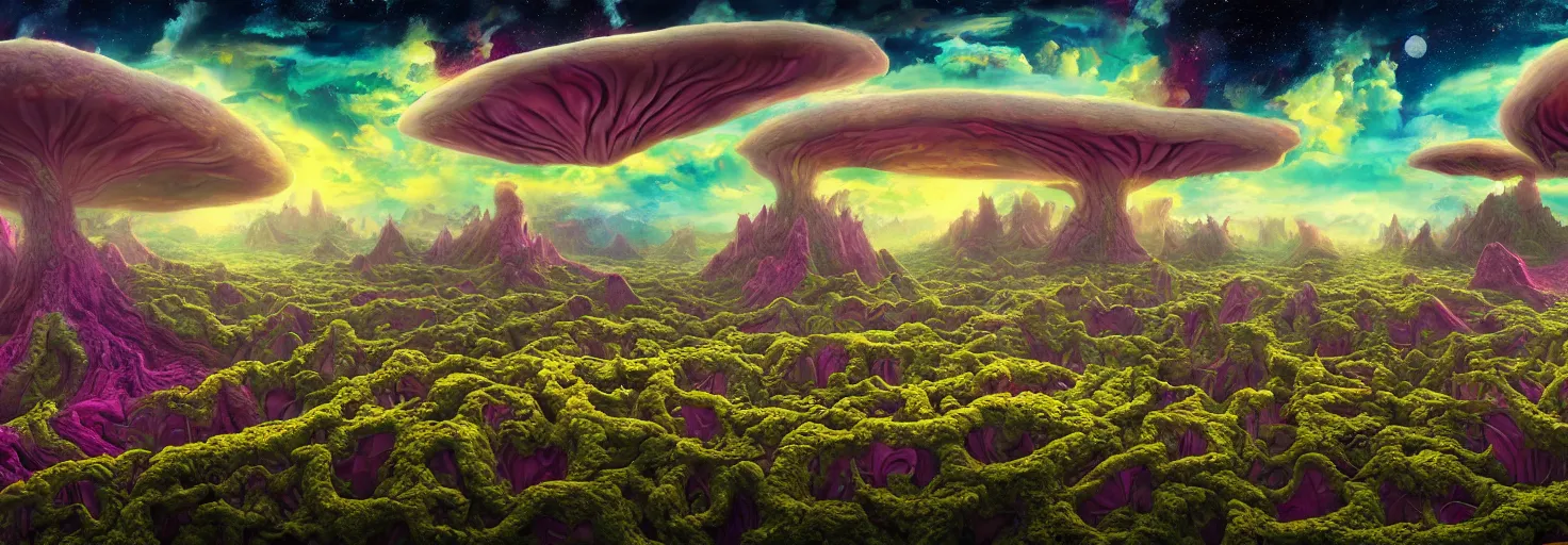 Prompt: a view of a surreal alien variated planetary fractal landscapes with gigantic and small fungus and variations of exotic fungi of varying vibrant colors and sizes scattered across the vast landscapes, surreal clouds, floating islands, 4 k, retro, detailed, vibrant, weird skies, extradimensional, trending on artstation