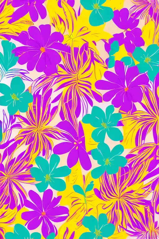 Image similar to Vector illustration of tropical flowers with multiple cohesive colors ranging from warms purples to bright oranges on a ((dark blue background)), 4K resolution