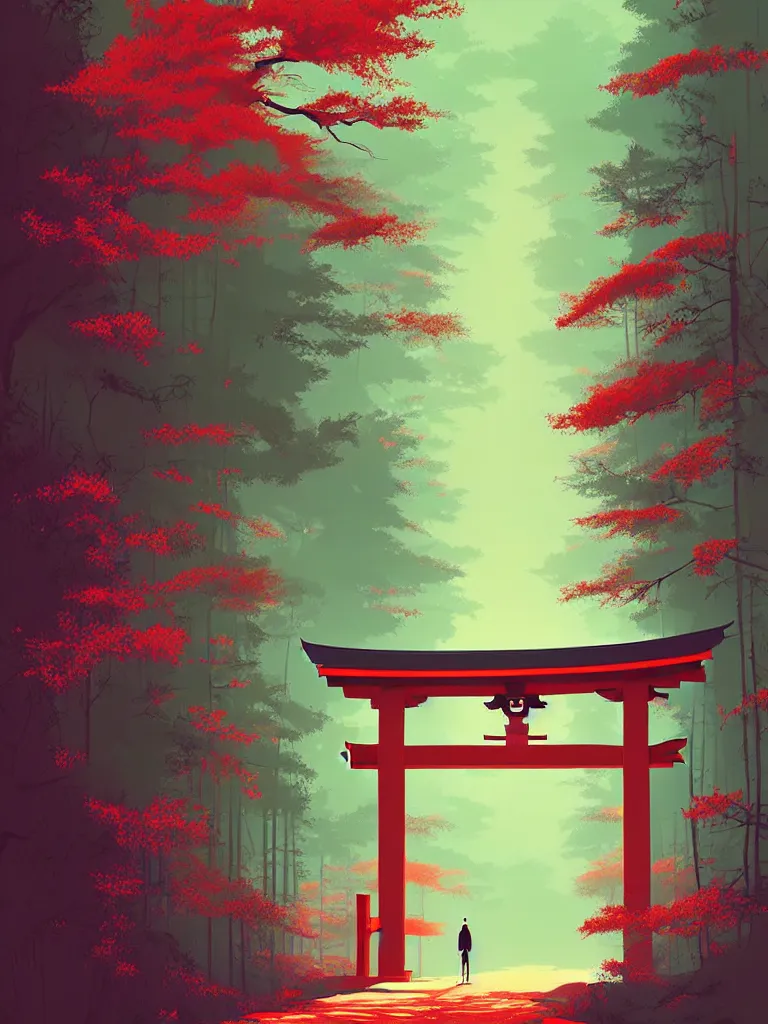 Image similar to a poster depicting a japanese torii gate in a forest, vintage style, detailed illustration, digital painting, vector art, trending on artstration, by anton fadeev, by alena aenami