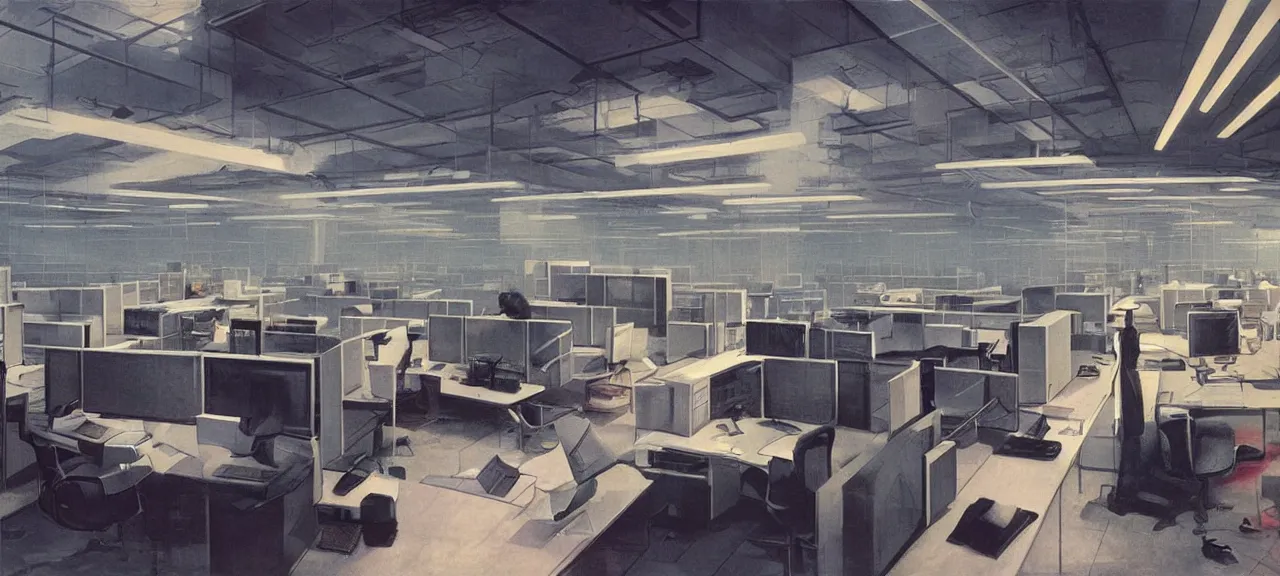 Image similar to dystopian office space with cubicles, vintage computers, neon light, giant screens on the walls, atrium, concrete walls, no windows, concept art by syd mead