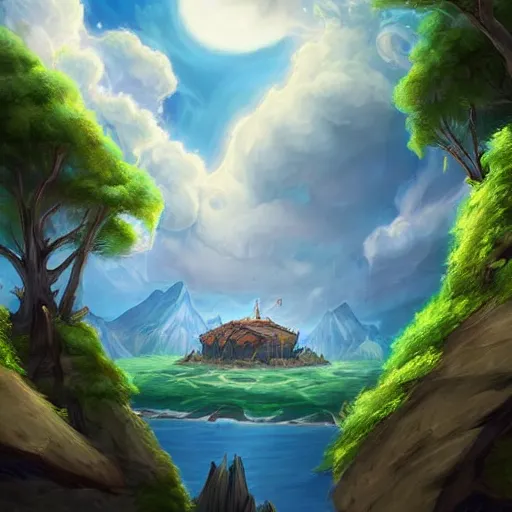 Image similar to an island floating in the sky, clouds background, hearthstone coloring style, epic fantasy style art, fantasy epic digital art, epic fantasy card game art