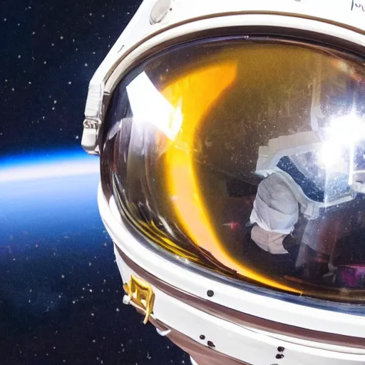 Prompt: a close up photo of astronaut's helmet, supermodel in reflection