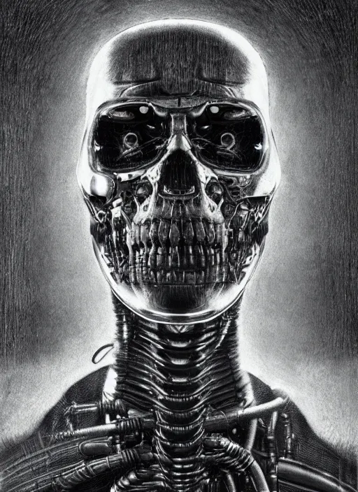 Image similar to portrait of terminator, by wayne barlow, stanley donwood, anton semenov, zdzislaw bekinski, hr giger, 8 k, sci fi, dark, highly detailed