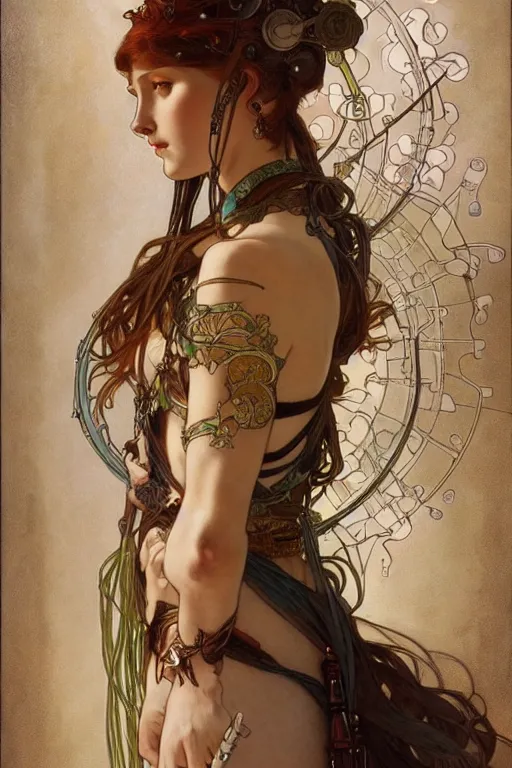 Prompt: realistic detailed portrait of a very beautiful warrior queen by alphonse mucha, charlie bowater, cyberpunk! style, mechanical accents!, flowing wires with leaves, rich deep moody colors