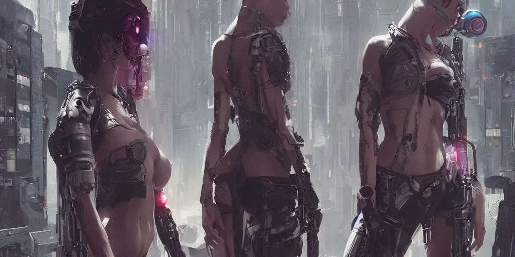 Image similar to cyberpunk female character detail designs, Milo Manara, Greg Rutkowski, Zabrocki, Karlkka, Jayison Devadas, Phuoc Quan, trending on Artstation, 8K, ultra wide angle, pincushion lens effect