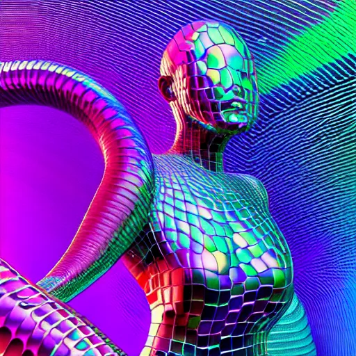 Image similar to a human form, made of pure light, encircled by a giant iridescent serpent, in a sea of digital grids, hyper detailed, ultra fine colored inking lines, arnold render, 4 k extremely photorealistic, arnold render