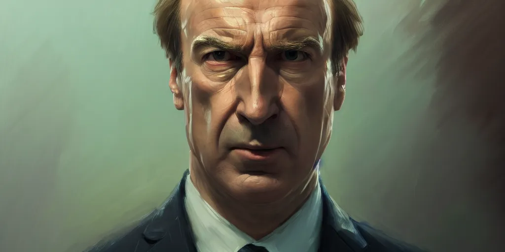 Image similar to ultra detailed facial close up of saul goodman in a lawyer suit, extremely detailed digital painting, in the style of fenghua zhong and ruan jia and jeremy lipking and peter mohrbacher, mystical colors, rim light, beautiful lighting, 8 k, stunning scene, raytracing, octane, trending on artstation