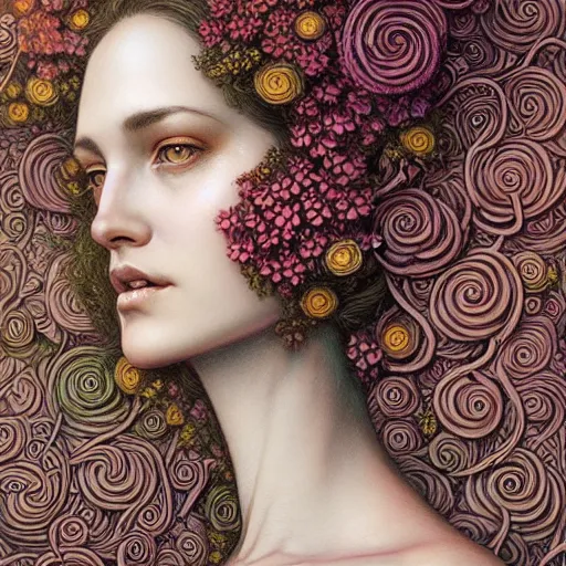 Prompt: a beautiful detailed front view portrait of a woman with ornate growing around, ornamentation, flowers, elegant, beautifully soft lit, by wayne barlowe, peter mohrbacher, kelly mckernan,